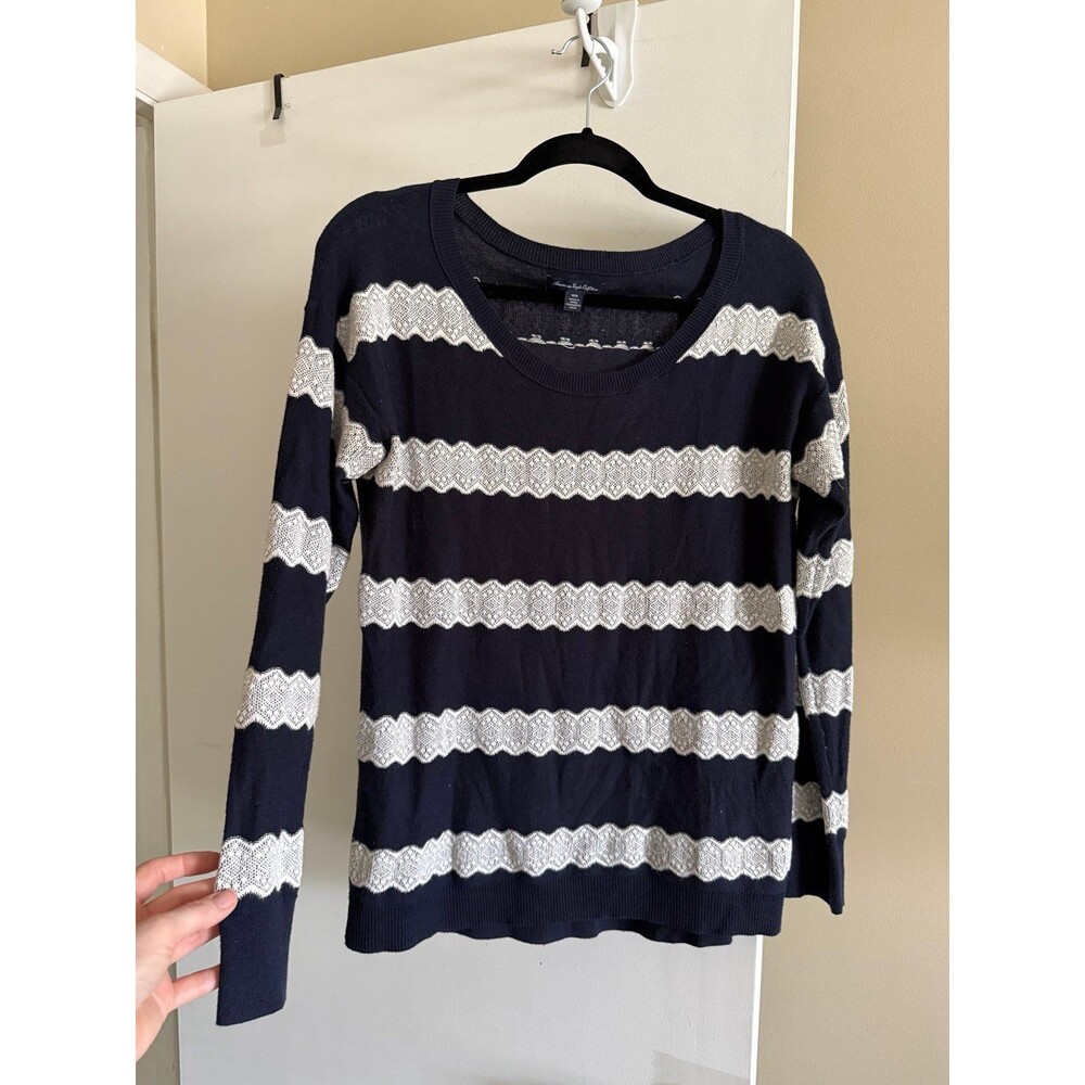 American Eagle Navy White Striped Lace Crewneck Sweater M Preppy Coastal